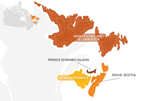 Province di Nova Scotia, Newfoundland and Labrador, Prince Edward Island e New Brunswick